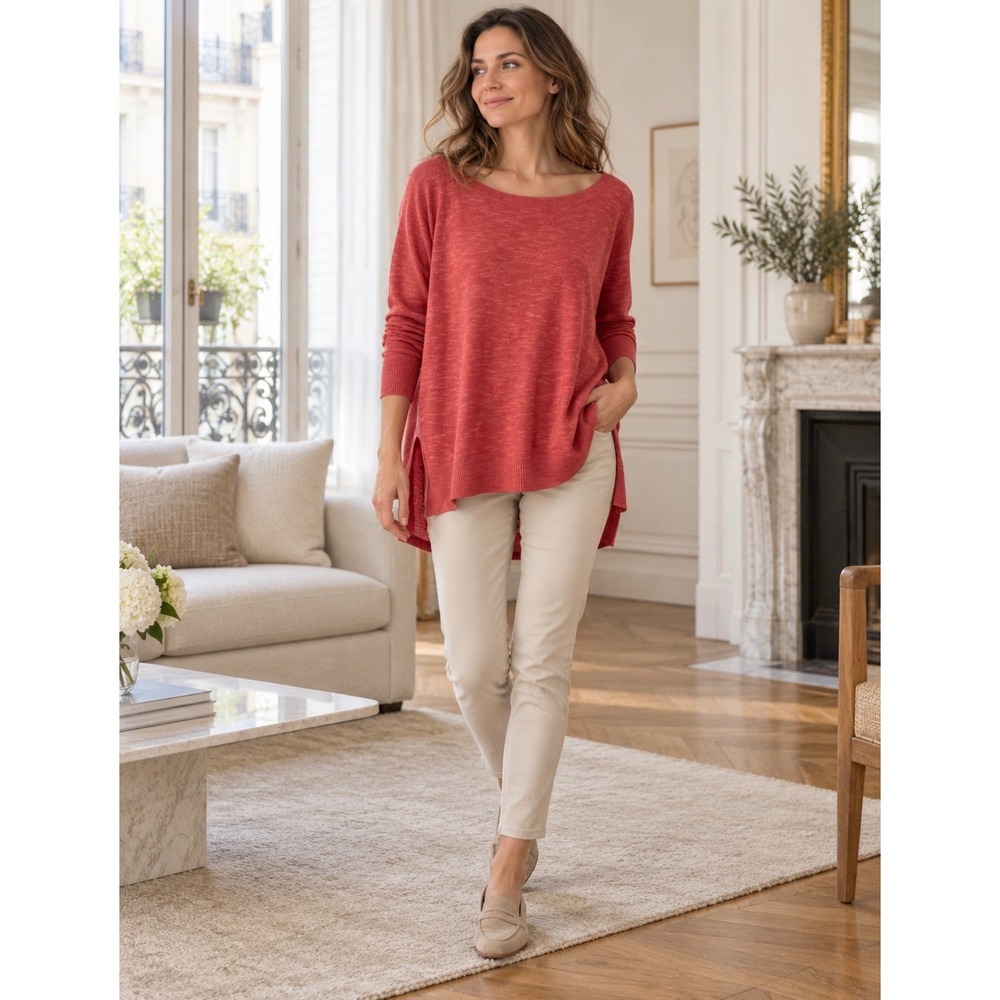 Eileen Fisher Organic Linen Cotton Sweater Coral Pink Boat Neck XS Lagenlook